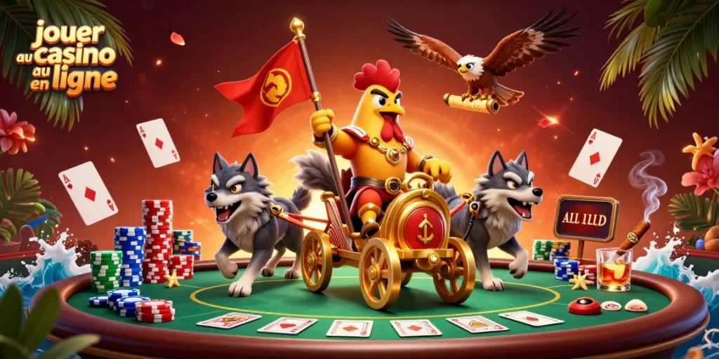 jouer au casino en ligne avec un roi coq en 3D dans une scène de poker animée