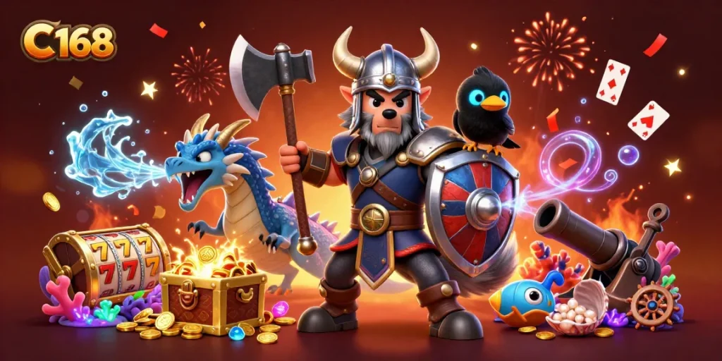Experience the thrilling world of C 168 with a Viking wolf warrior, dragon, and exciting slot elements!
