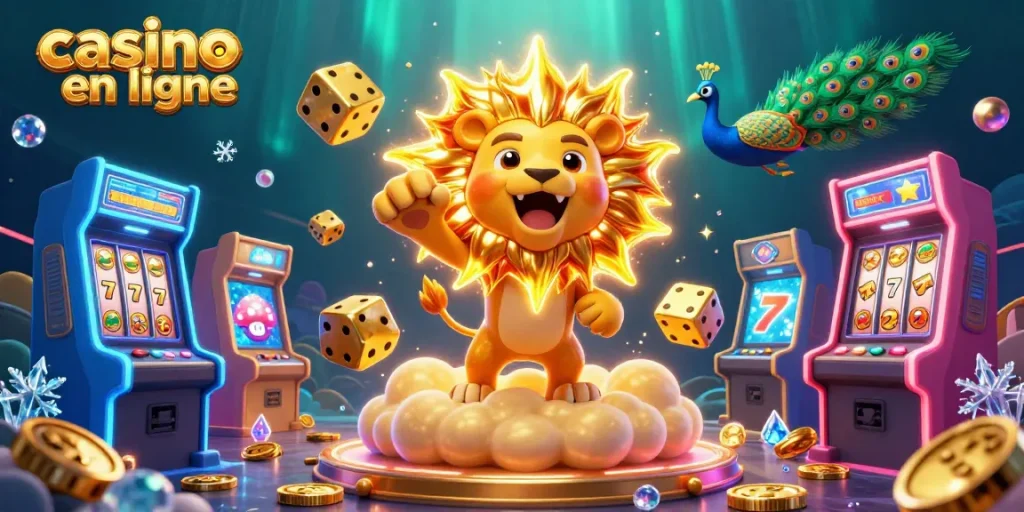 Jouer sur un casino en ligne avec un lion ensoleillé et des dés dorés, ambiance immersive.
