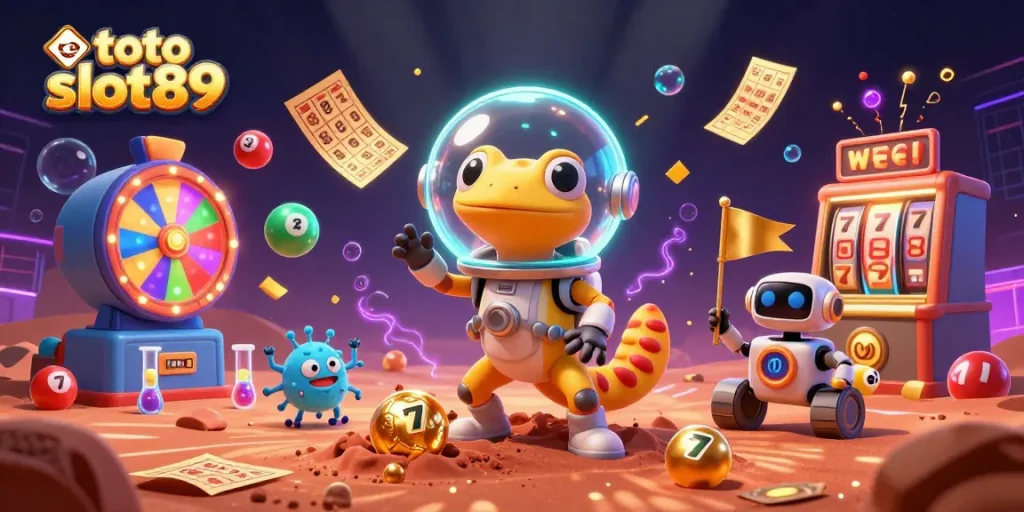Experience the excitement of gaming with toto slot89 in a vibrant Martian casino scene.