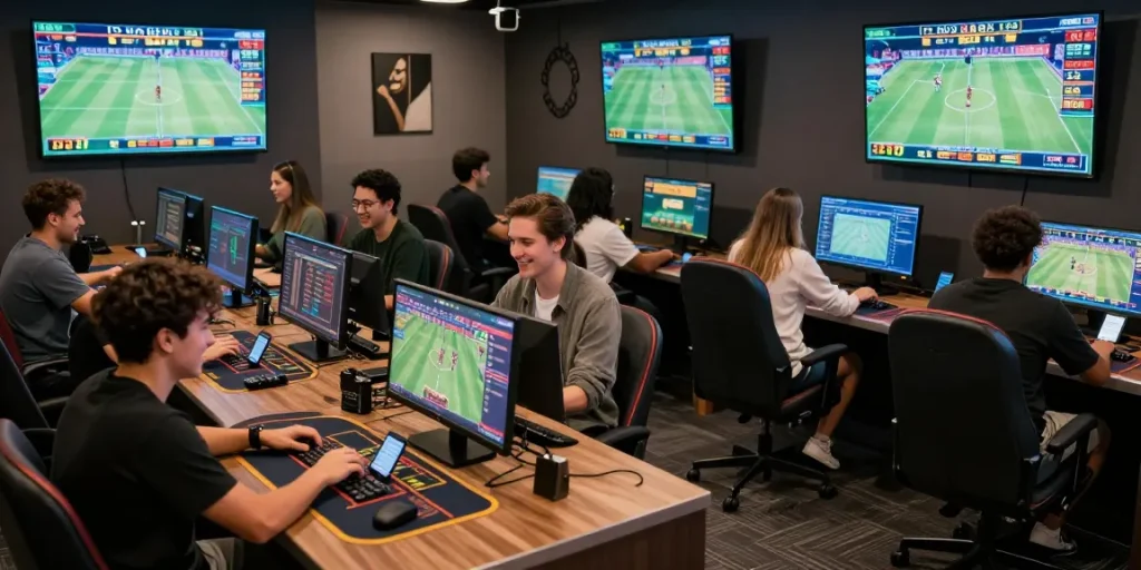 Exciting atmosphere showcasing 토토사이트 users engaging in online betting activities in a modern lounge.