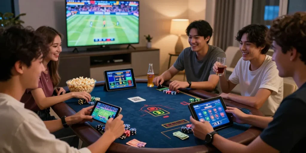 Friends enjoying online gaming at home with newbet4d app on devices