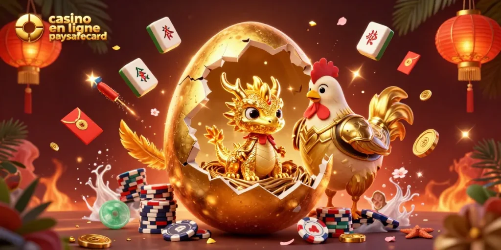 Jouez dans le casino en ligne paysafecard et découvrez un dragon doré sur des jetons de poker.
