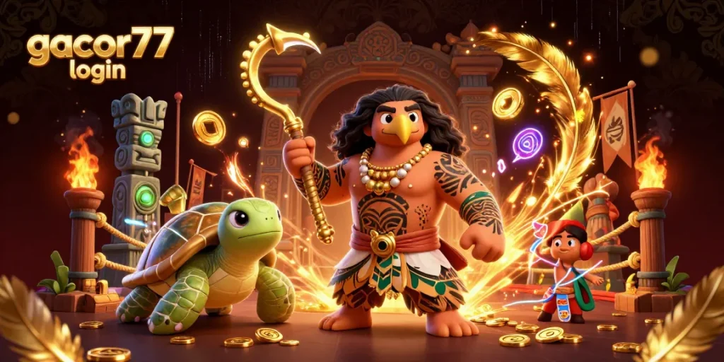 Experience gacor77 login with vibrant 3D illustration showcasing action-packed casino elements.