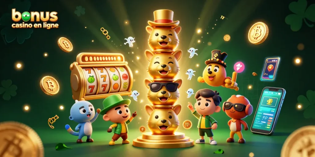 Jouer avec le bonus casino en ligne et découvrir des machines à sous dynamiques dans une illustration vibrante.