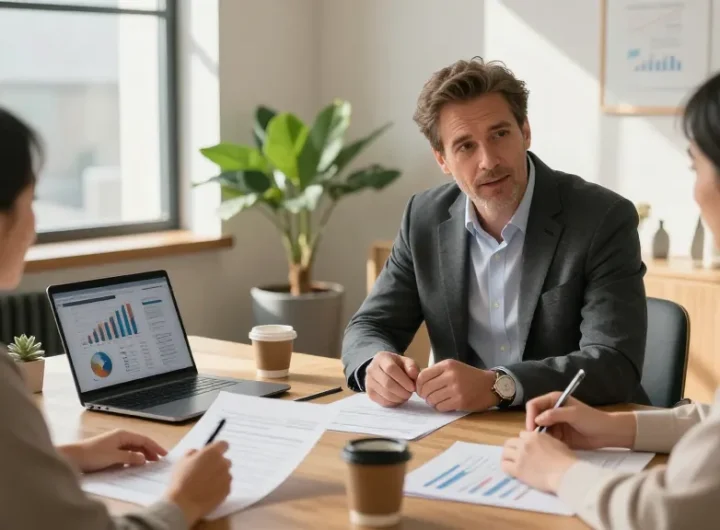 Serge Robichaud guiding clients in legacy planning discussions in a modern financial office.