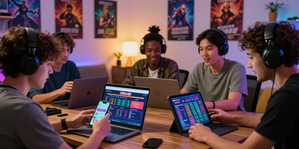 Group of diverse gamers engaging with CIKA4D for TOTO MACAU betting excitement in a vibrant home setting.