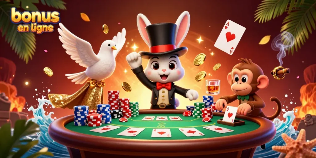 Profitez des offres de bonus casino en ligne avec un magicien, une colombe et un singe joueur.
