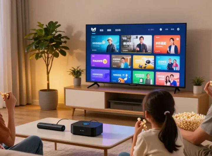 Abonnement IPTV Belgique : famille profitant d'une expérience de streaming fluide dans un salon moderne.