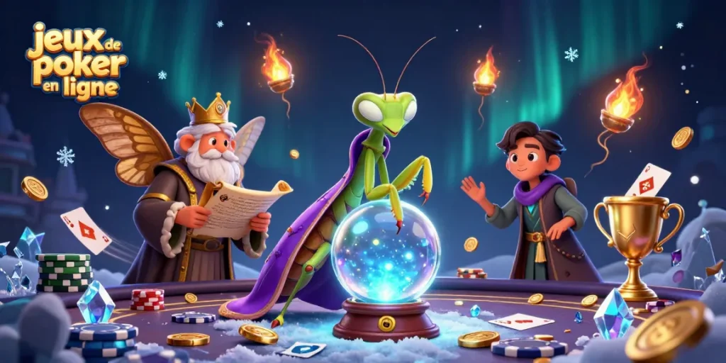 Découvrez les jeux de poker en ligne avec une illustration dynamique et colorée