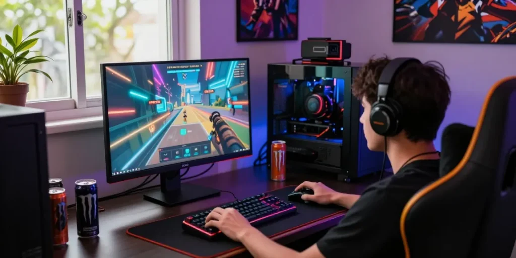 Pengguna rajareceh sedang bermain di setup gaming modern dengan aksesori canggih.