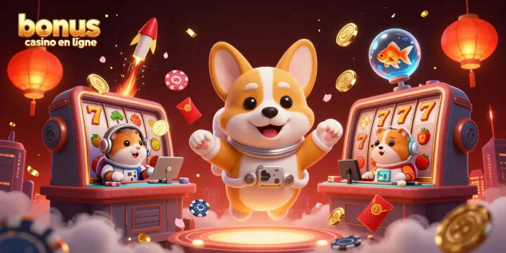 Vivez une expérience de bonus casino en ligne unique avec des personnages de jeu flottants dans un casino futuriste.