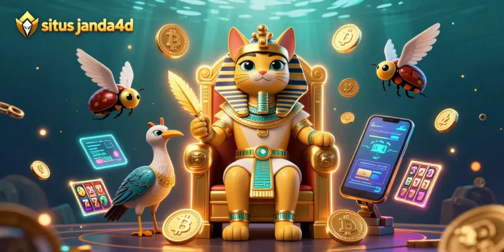 Taruhan di situs janda4d dengan gambar kucing firaun dan elemen kasino yang kaya.