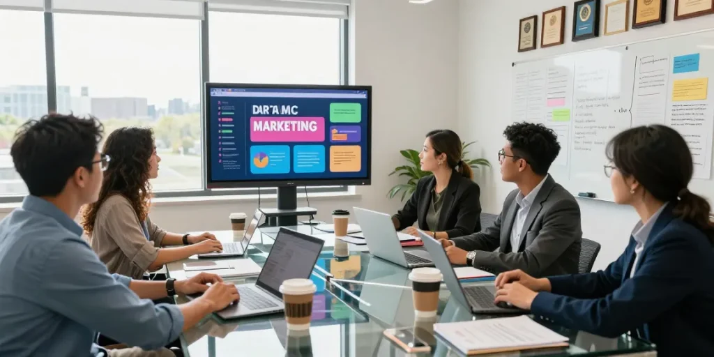 Collaborative team meeting focused on Spokane marketing strategies in a bright office.