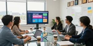 Collaborative team meeting focused on Spokane marketing strategies in a bright office.