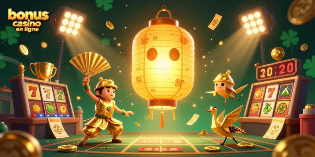 Bonus casino en ligne : profitez d'une scène de jeux avec lanternes dorées et jackpots captivants.
