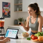 Nutrition coach demonstrating best calorie tracking apps on a tablet while preparing healthy meals.