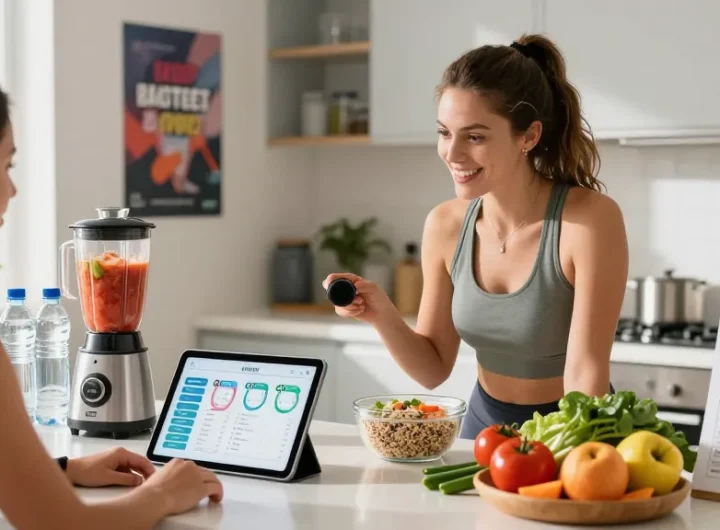 Nutrition coach demonstrating best calorie tracking apps on a tablet while preparing healthy meals.