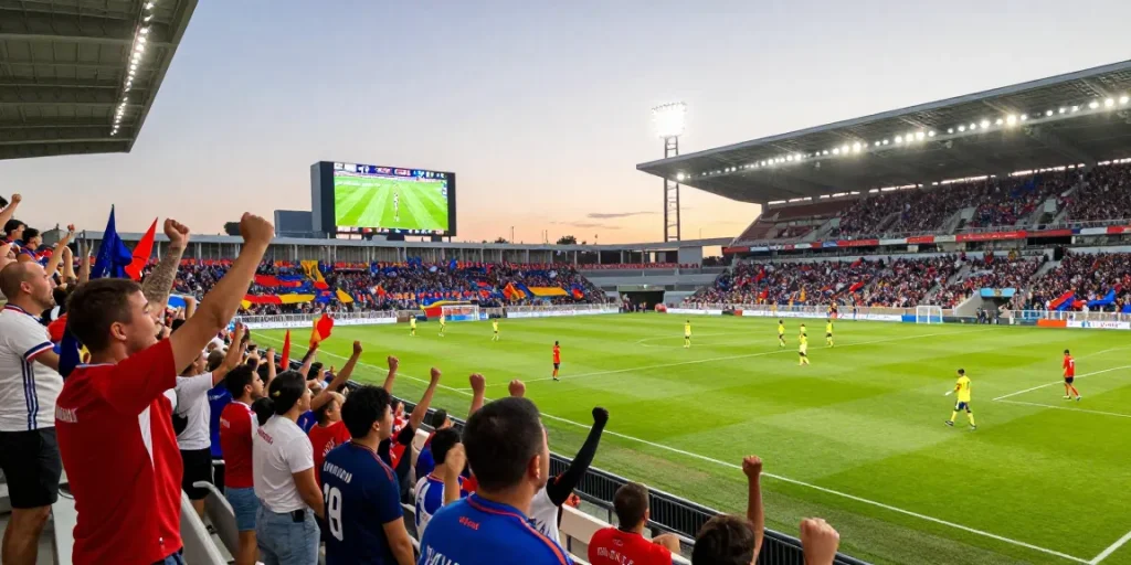 Football fans celebrating at a stadium while checking live scores from https://footballstandings.tv/ during an exciting match.