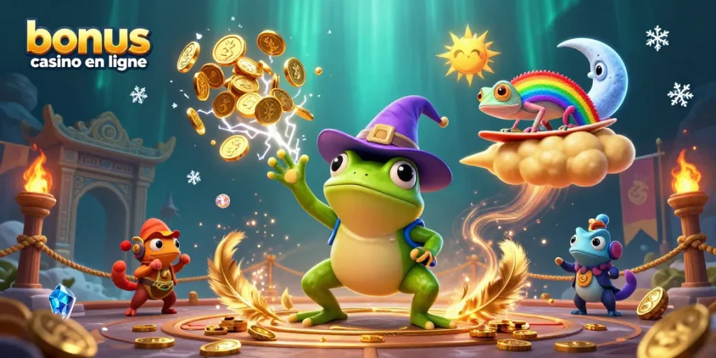 Obtenez des bonus de casino en ligne en jouant avec des personnages colorés et des pièces d'or animées.