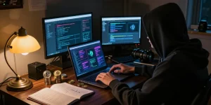 Exploring the Best Darknet Markets 2026 with a focused user amidst tech and cryptocurrency.