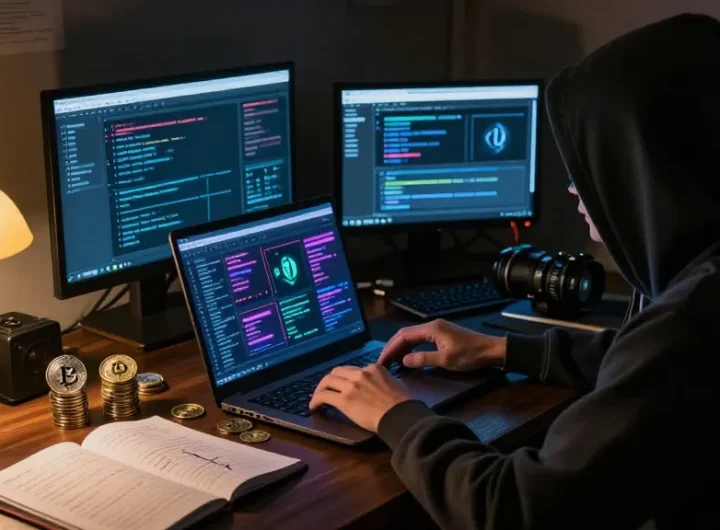 Exploring the Best Darknet Markets 2026 with a focused user amidst tech and cryptocurrency.