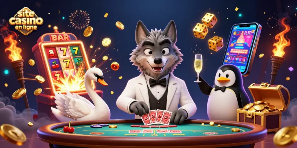 Plonger dans l'univers captivant d'un site casino en ligne avec un loup élégant, un cygne dealer, et un pingouin sommelier.