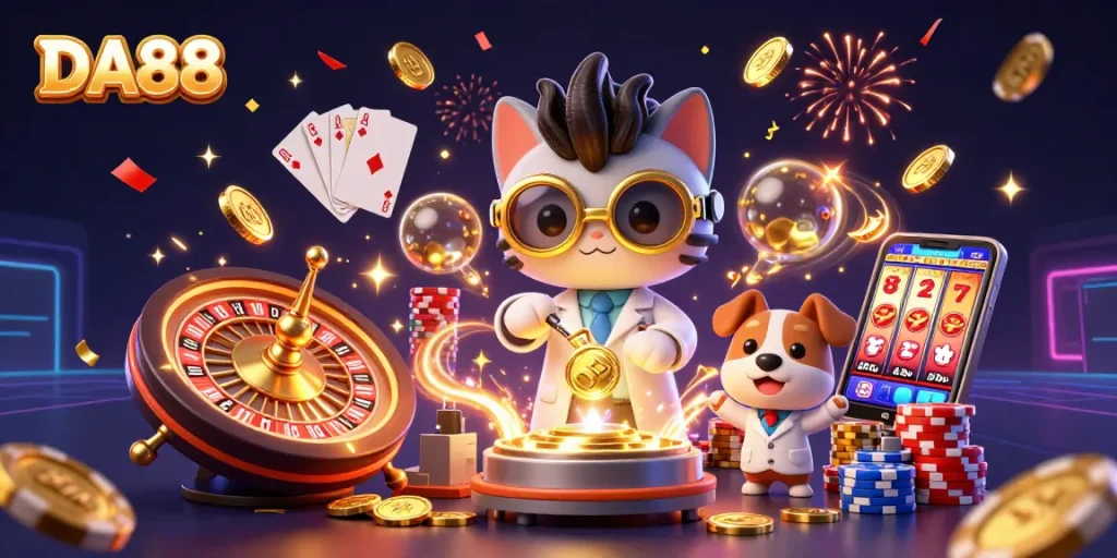 Engage with DA88's thrilling casino experience featuring vibrant characters and dynamic gaming elements.