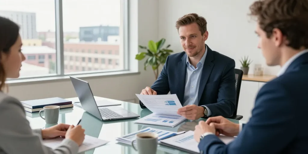 Nathan Garries providing financial advice in a modern office setting.
