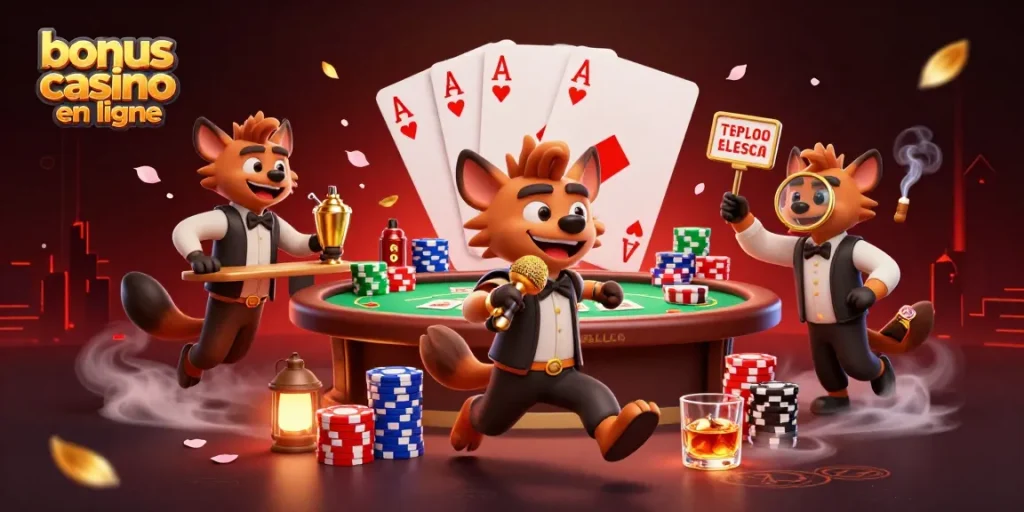 Profitez des offres de bonus casino en ligne avec une illustration captivante d'un club de comédie animé.