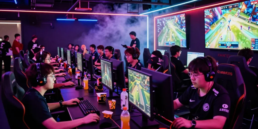 Esports arena with competitive gamers and enthusiastic fans at https://rokok88.sutra69.org, showcasing vibrant energy.