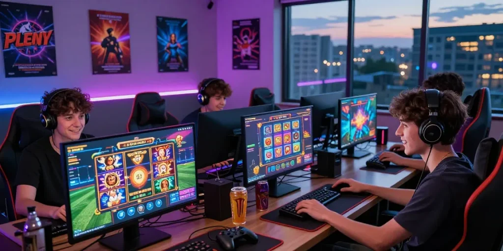 Dynamic gaming experience at https://raja328maen.com/ showcasing young players immersed in online gaming.