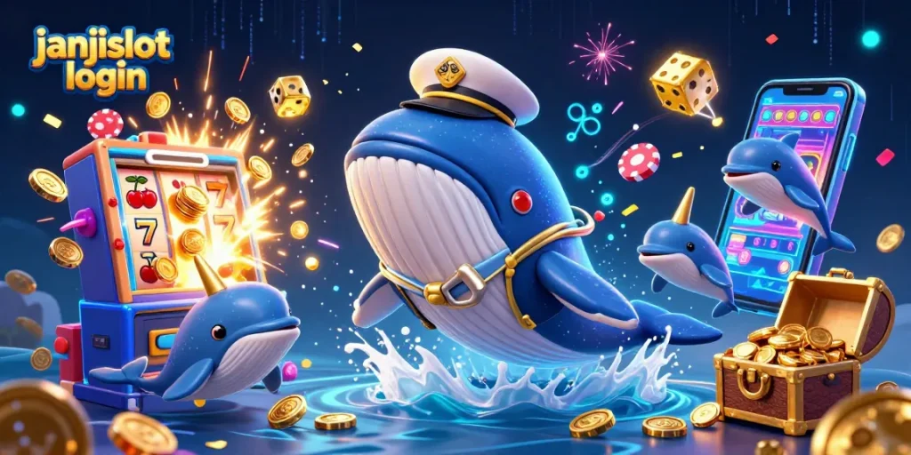 Immerse in the janjislot login world with a vibrant illustration featuring a cartoon whale, golden coins, and dynamic casino elements.