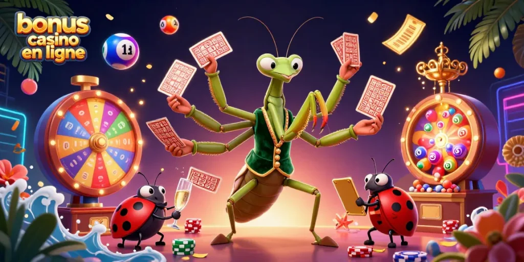 Visualisez le bonus casino en ligne avec des personnages animés et des éléments de jeu vibrants dans un casino dynamique.