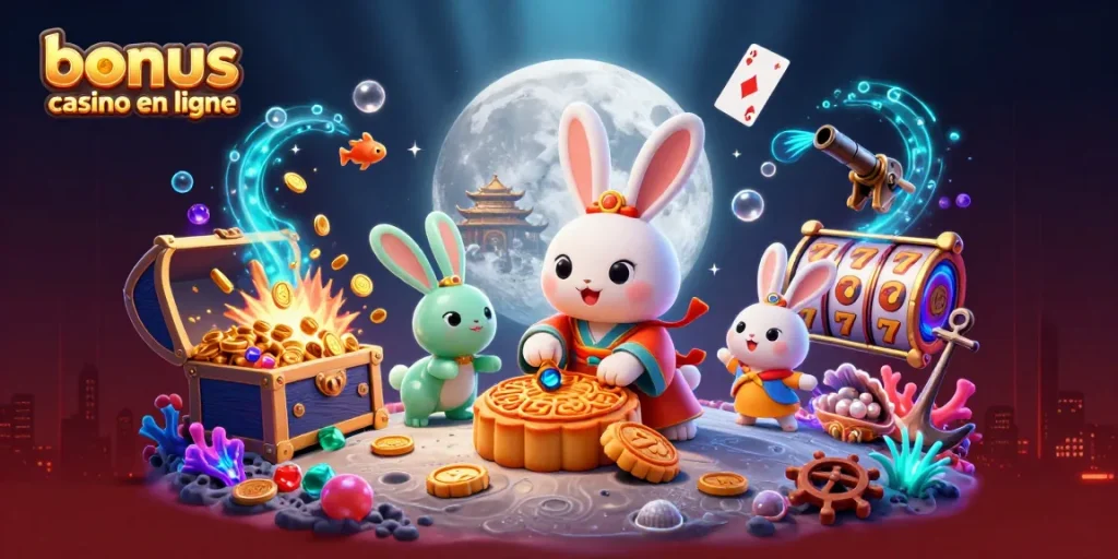 Illustration dynamique avec un lapin lunaire créant des bonus casino en ligne dans un décor féerique.