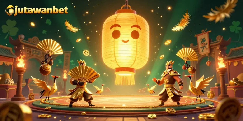 Engage with jutawanbet at an Asian-themed casino showcasing vibrant lanterns and lucky symbols.