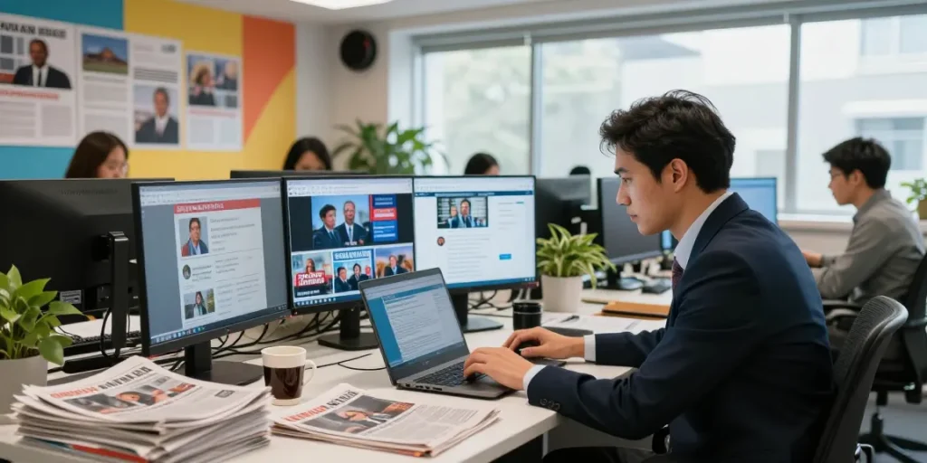 Engaging newsroom scene at https://www.theindaily.com with journalists in action reporting the latest news.
