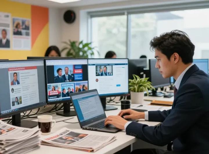 Engaging newsroom scene at https://www.theindaily.com with journalists in action reporting the latest news.