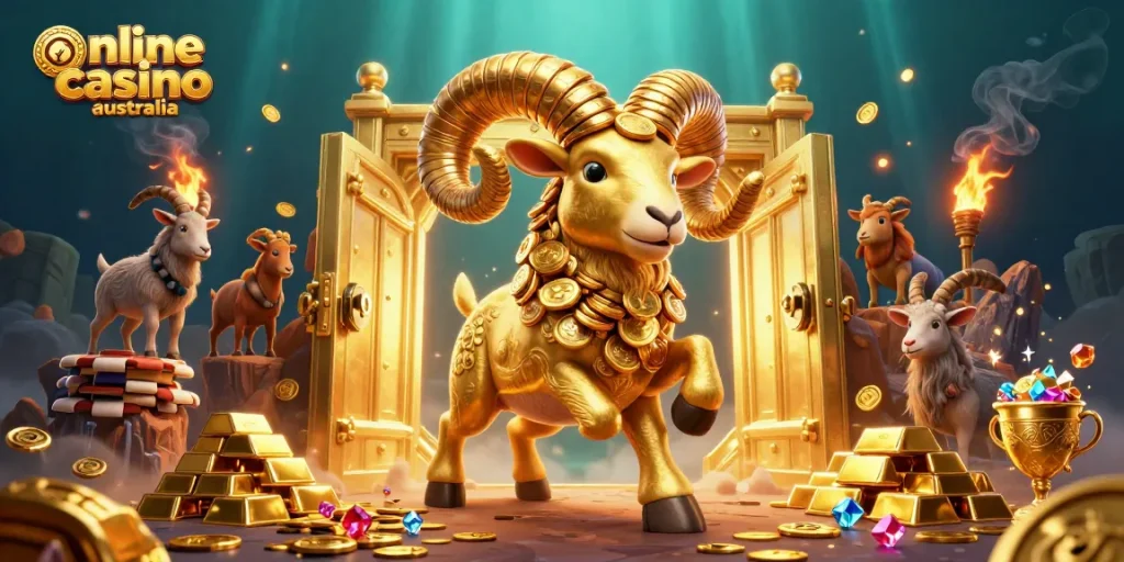 Experience the thrill of online casino Australia with a vibrant 3D scene overflowing with gold and excitement.