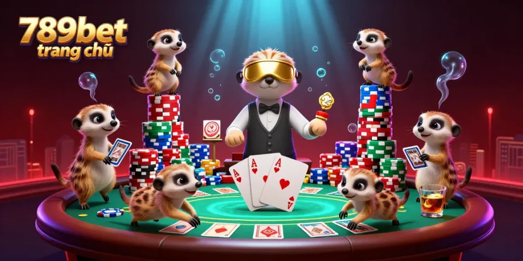 Engage with 789bet trang chủ in a vibrant casino scene with meerkats running operations and dynamic poker action.