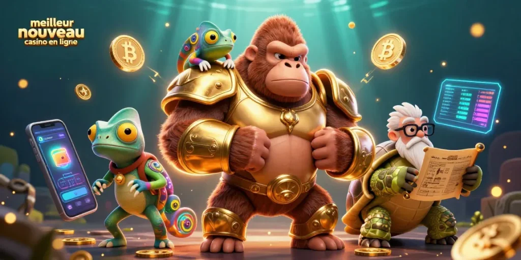 Illustration dynamique sur le meilleur nouveau casino en ligne avec des personnages ludiques et des éléments de jeu innovants.