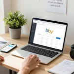 Creating a company ebay account for e-commerce success with an entrepreneur analyzing data.