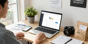 Creating a company ebay account for e-commerce success with an entrepreneur analyzing data.