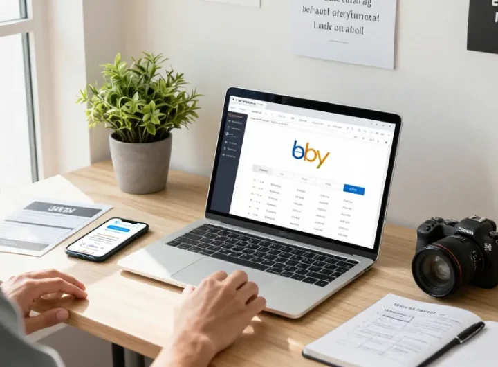 Creating a company ebay account for e-commerce success with an entrepreneur analyzing data.