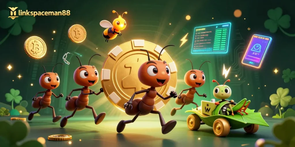 Join the action at link spaceman88 with ants heisting a giant poker chip, amidst crypto elements in a vivid scene.