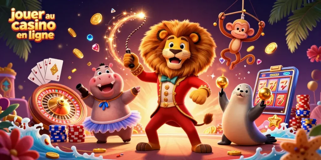 jouer au casino en ligne dans un univers festif, avec des personnages de cirque entourés de pièces dorées et de rouleaux de machines à sous