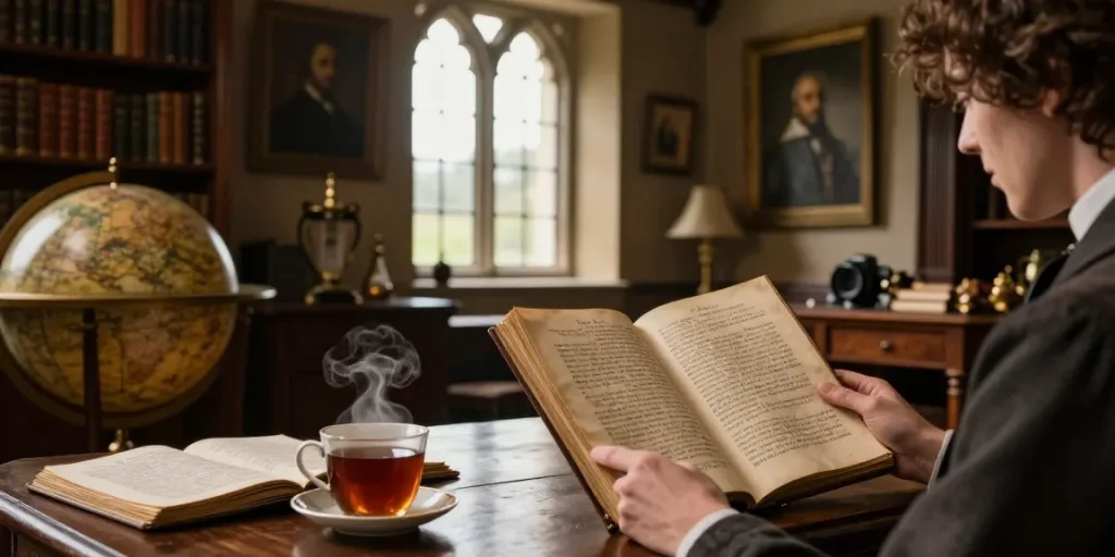 Engaging historical reading moment at Tynte's Castle, https://tyntescastle.com, showcasing rich library ambiance.