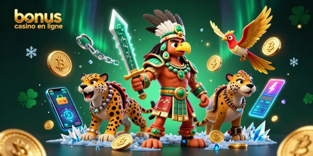 Gagnez des bonus casino en ligne avec cette illustration de guerriers Aztèques et crypto-monnaies.