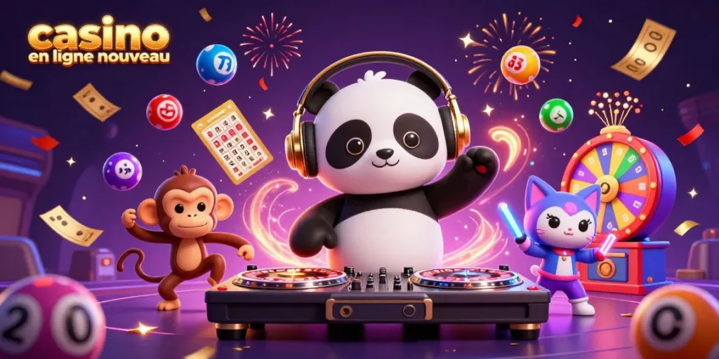 Le panda DJ et ses amis dansent sous les confettis au casino en ligne nouveau.