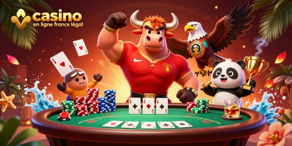 Vainquez dans le casino en ligne France légal avec un bull, un aigle et un panda explorant la chance.